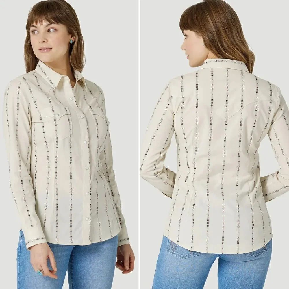 Wrangler White Southwestern Stripe Pearl Button Down Top Plus 3XL Cowgirl